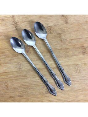 Set Of 3 Stainless Steel Iced Tea Spoons With Floral Design Unbranded